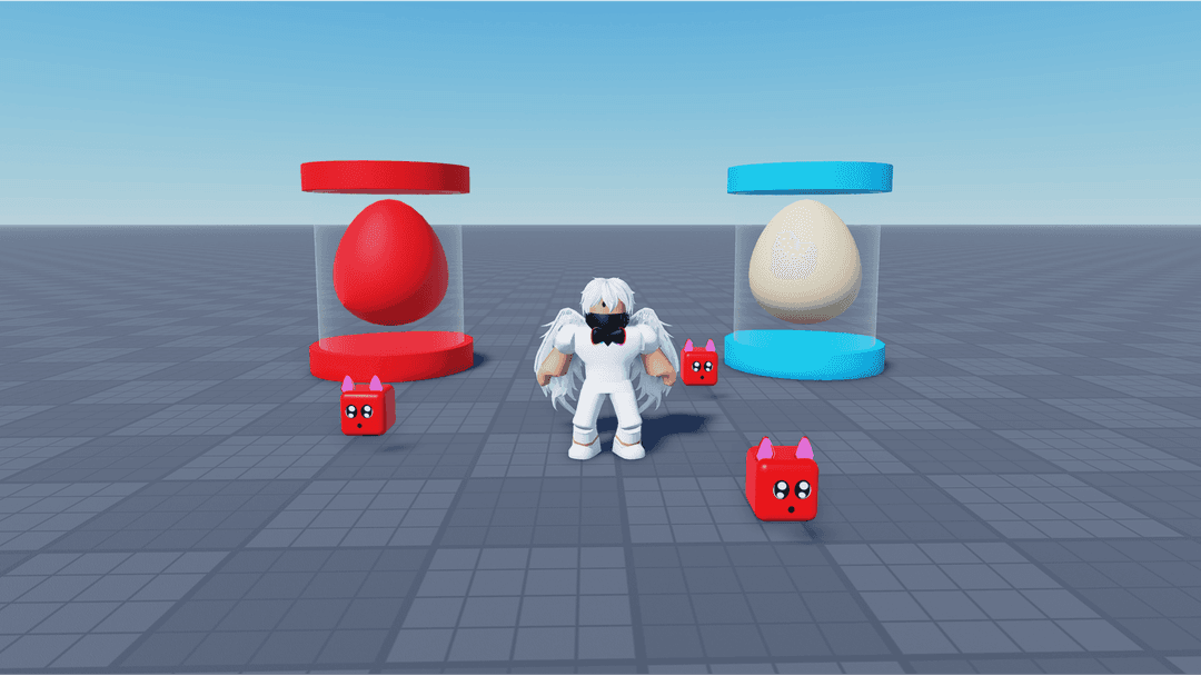 A screenshot of me between the eggs with three pets equipped.